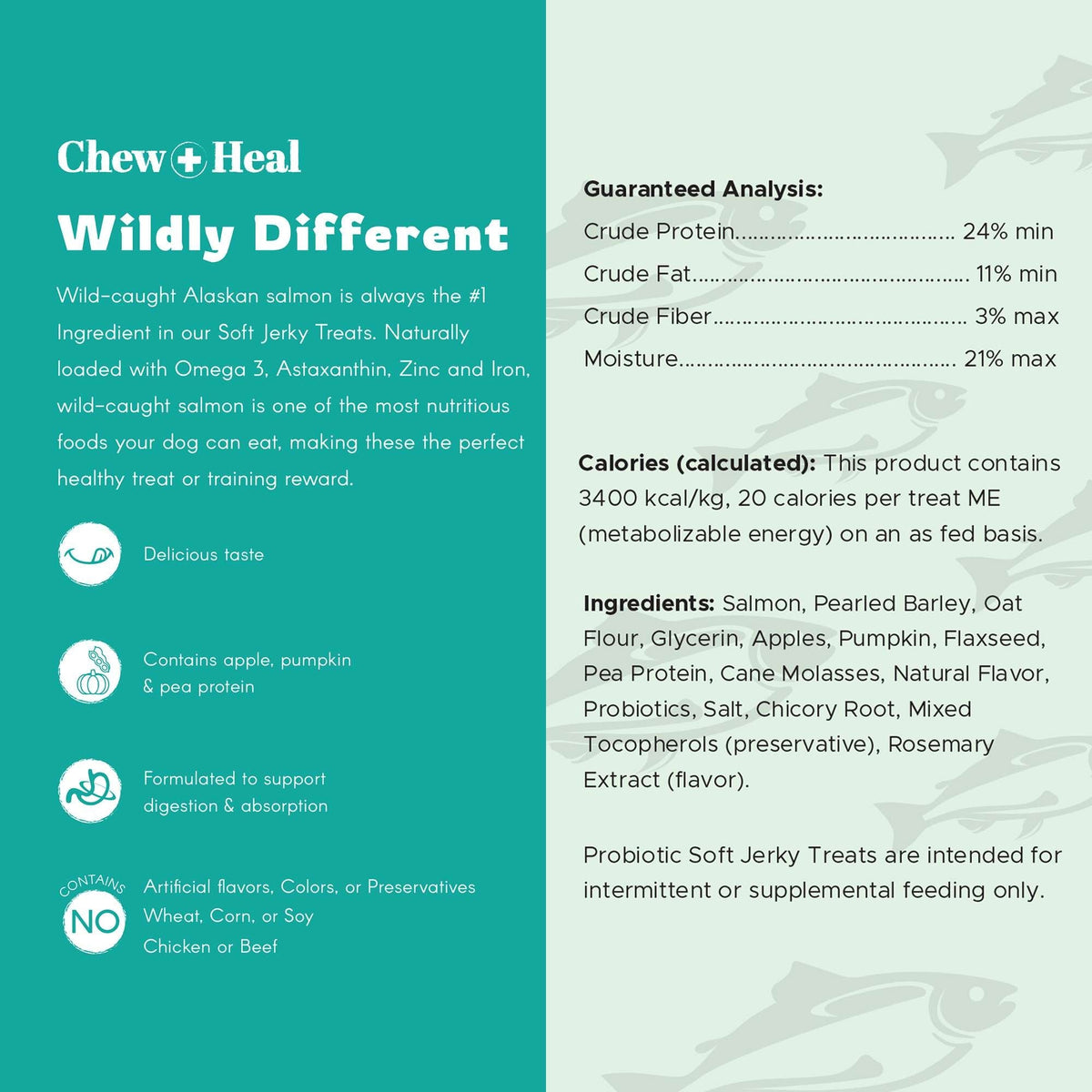 Chew + Heal Wild Alaskan Probiotics Digestive Aid Salmon Soft Jerky Dog Treats - Eva Pet - Chew + Heal