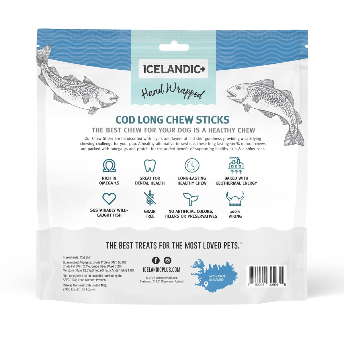 Hand Wrapped Cod Skin Long 10" Chew Sticks for Dogs - Eva Pet - Icelandic+