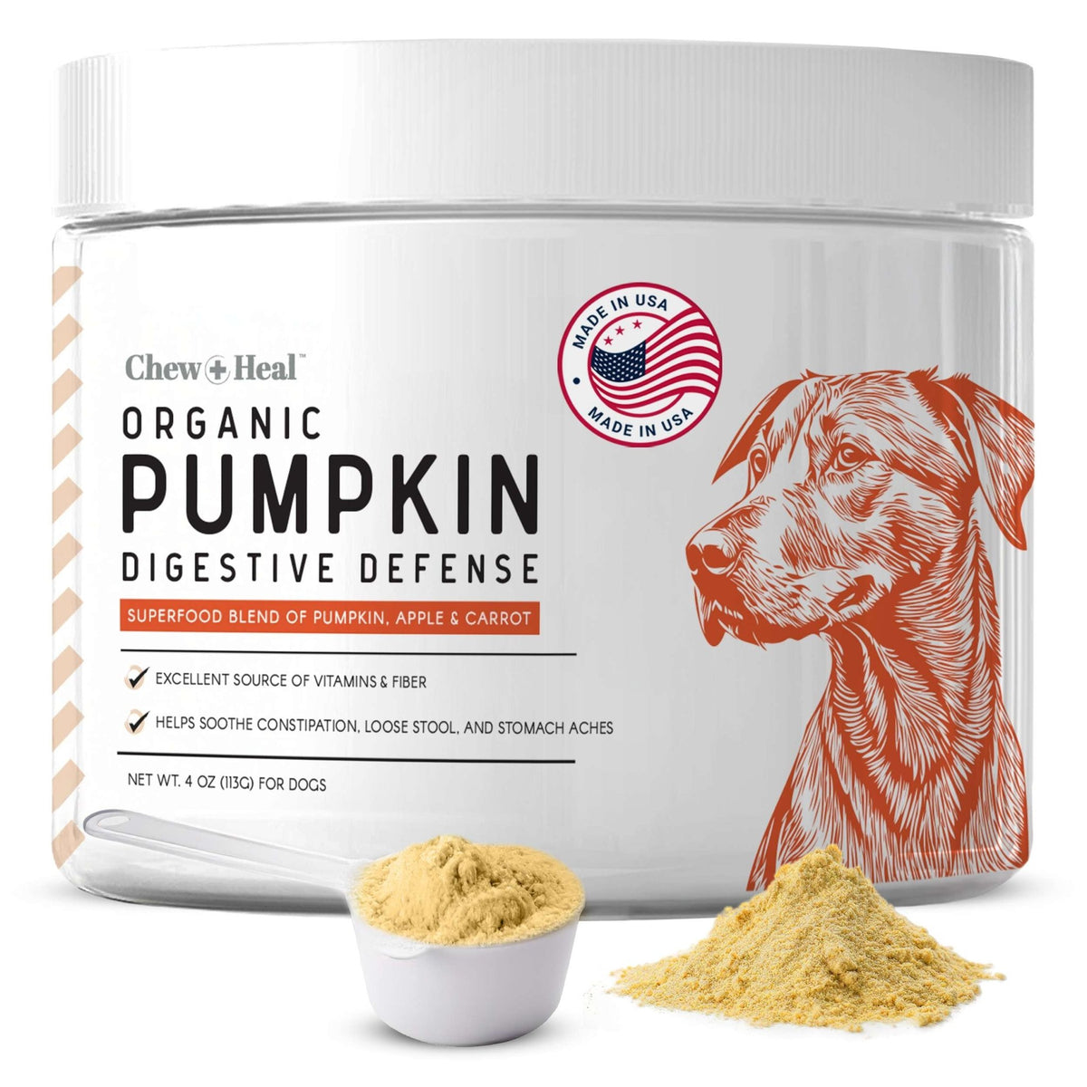 Organic Pumpkin Digestive Defense Superfood Blend Powder Digestive Aid Supplement for Dogs - Eva Pet - Chew + Heal