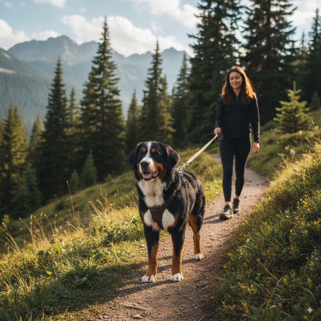 Woman walking a dog on a trail with mountains and trees in the background