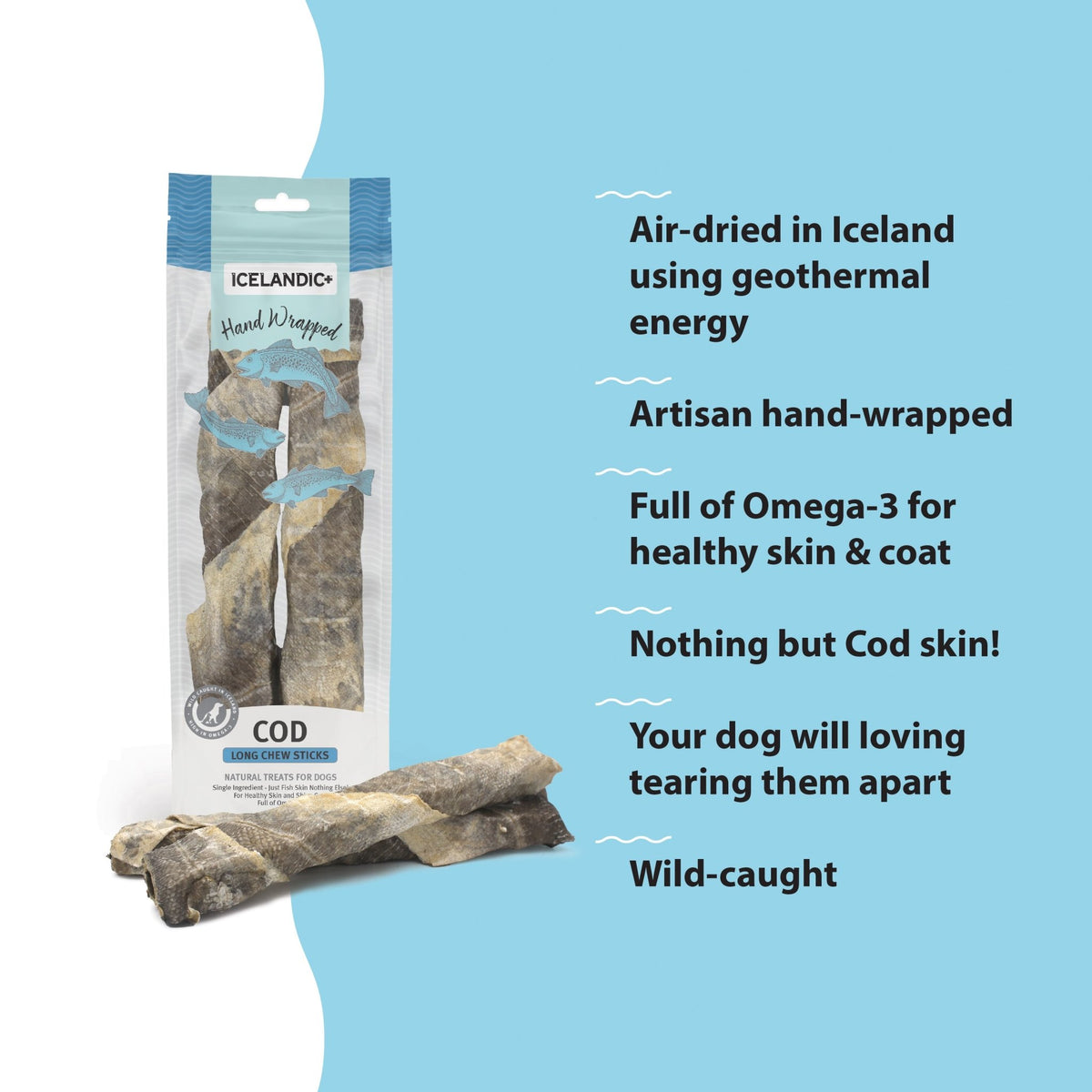 Hand Wrapped Cod Skin Long 10" Chew Sticks for Dogs - Eva Pet - Icelandic+