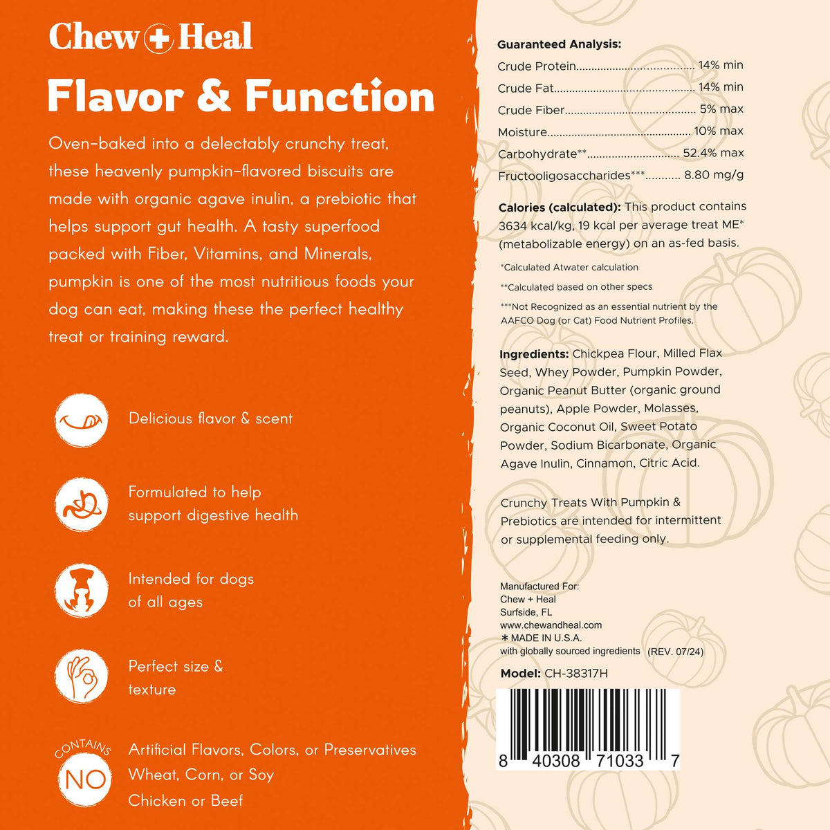 Pumpkin & Prebiotic Fiber Crunchy Biscuit Dog Treats - Eva Pet - Chew + Heal
